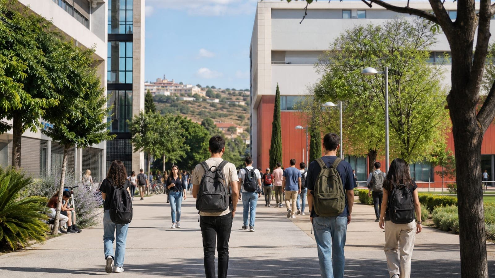 Campus universitario con estudiantes en un paseo exterior