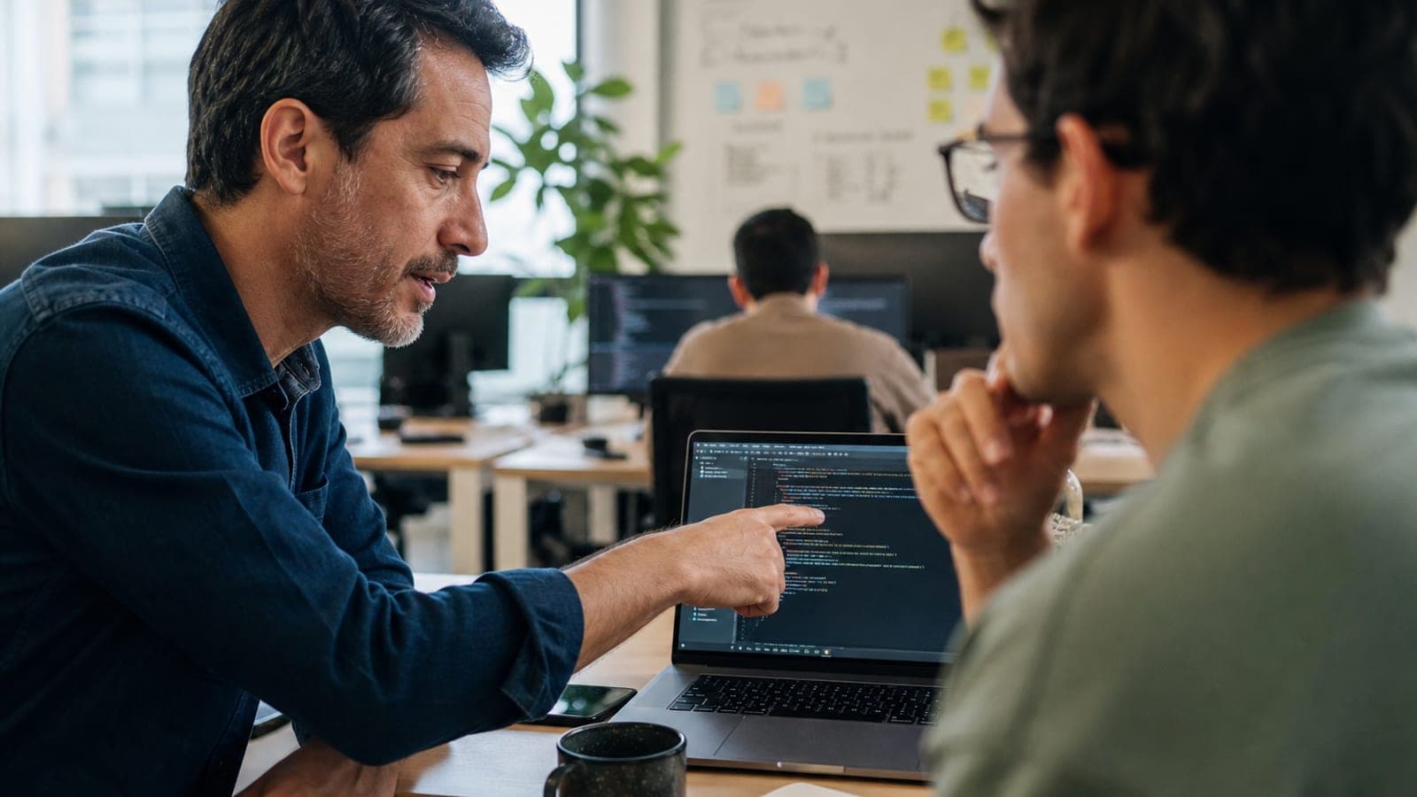Mentor y talento universitario revisando código en un proyecto Labs